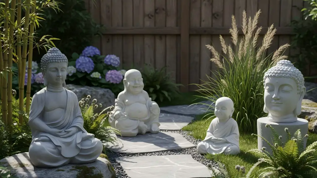 Ronglin concrete statues collection including zen head statue, chinese sitting statue and meditating statue